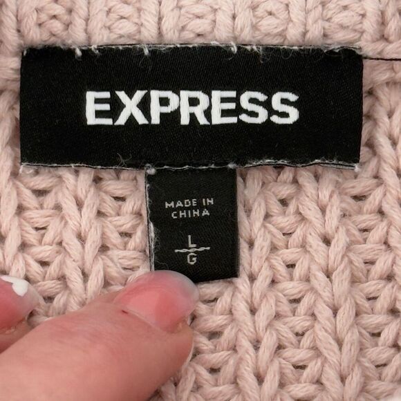Express Pink Chunky Knit Fisherman Sweater Large Balloon Sleeve Ribbed Boho Cozy - Picture 8 of 9